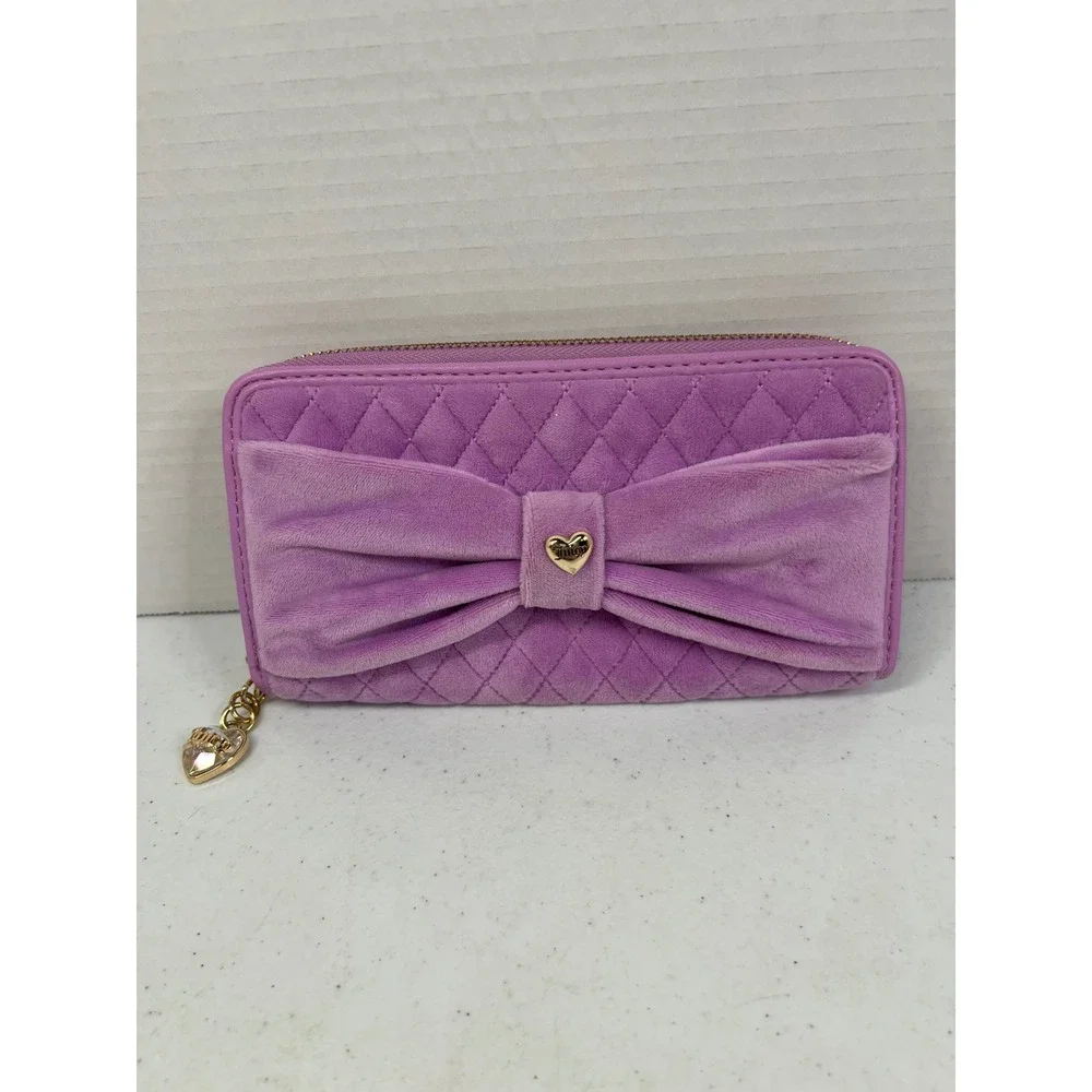Juicy Couture Purple Quilted Velour Bow Zip Around Wallet Gold Heart Charm 8x4in